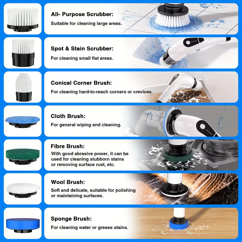 Electric Spin Scrubber for Bathroom, 7-in-1 Cordless Power Scrubber with Extendable Handle & Multi-Surface Brush Heads for Shower, Tub, Tile & Floor